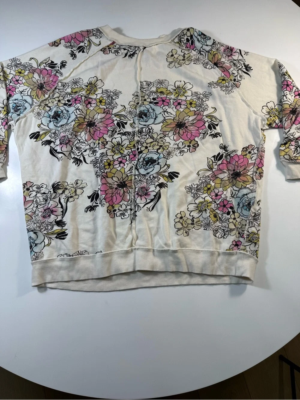 Free People 100% CottonCream Floral Crewneck Sweatshirt with Pink & Blue Flowers